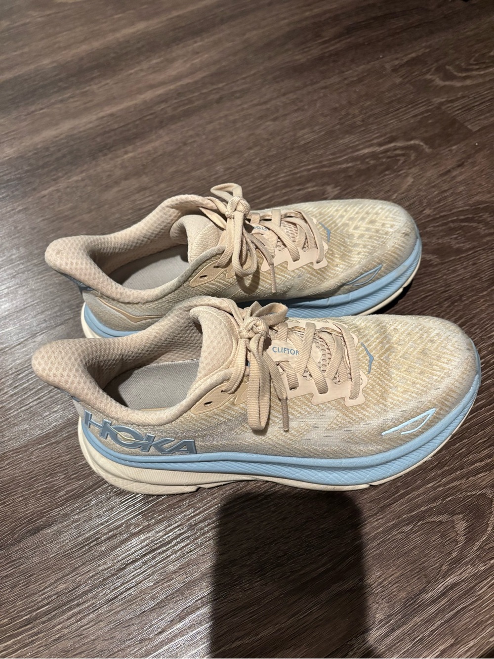Hoka Women's Beige Athletic Running Shoes with Light Blue Accents